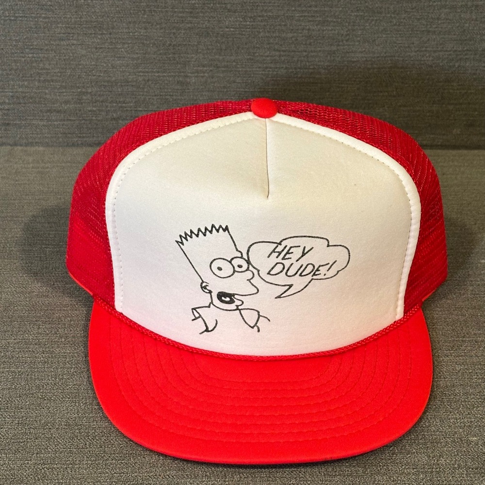 Vintage Nissin Cap Bart Simpson Hey Dude Trucker Hat Red White Snapback Mens